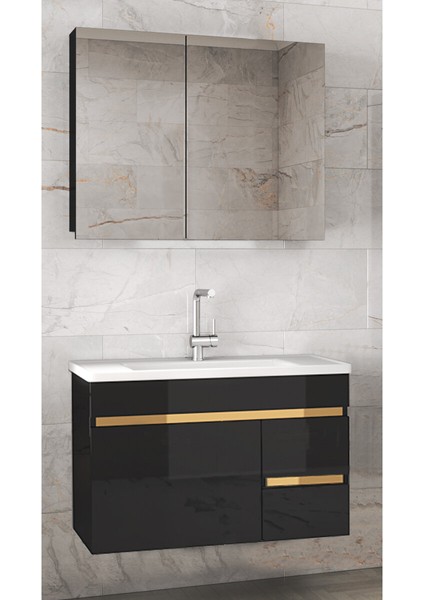 Viosen-Ea Siyah-Gold 80 cm Çekmeceli Mdf-Aynalı Lavabolu Banyo Dolabı Takımı