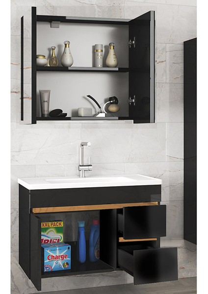 Viosen-Ea Siyah-Gold 80 cm Çekmeceli Mdf-Aynalı Lavabolu Banyo Dolabı Takımı fiyatları