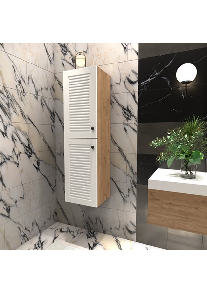 Panjur Kapaklı Banyo Asma Boy Dolabı | Ahşap - Beyaz Sepet - Beyaz