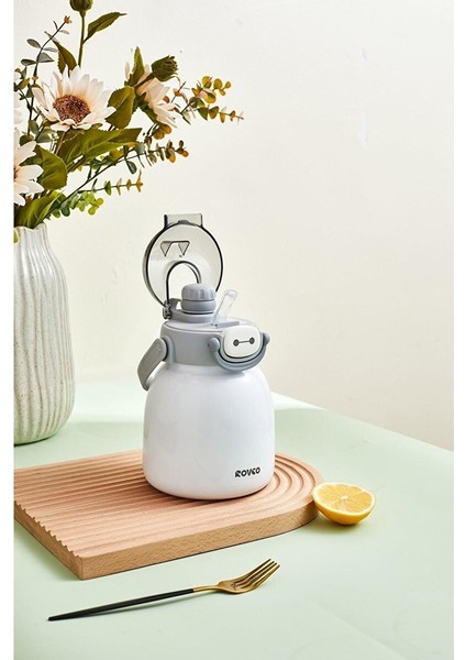 Rovco 1000ML Çelik Termos Çift Kullanım Pipetli/ Rahat Içim Askılı Sticker Hediyeli 6 Saat Sıcak-Soğuk Yalıtım Beyaz