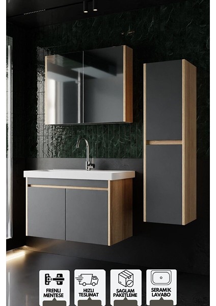 Dallas 80 cm Lavabolu Aynalı Banyo Dolabı Lavabo Dahil Boy Dolabı Dahil S.meşe-Antrasit