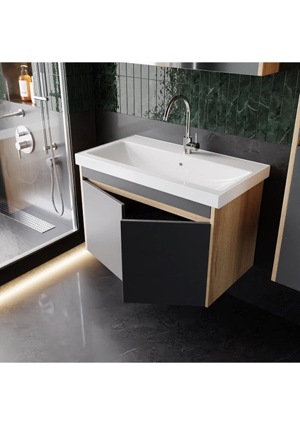 Dallas 80 cm Lavabolu Aynalı Banyo Dolabı Lavabo Dahil Boy Dolabı Dahil S.meşe-Antrasit