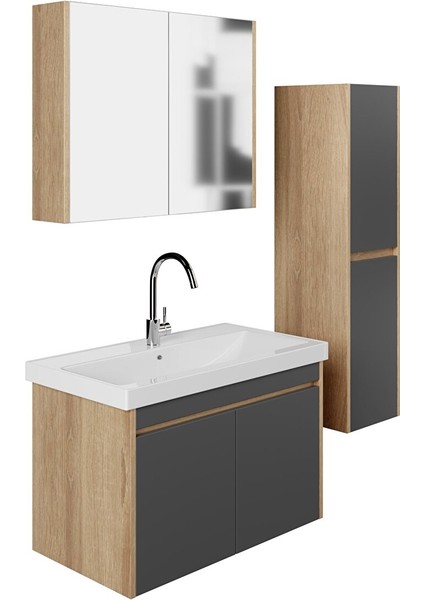 Dallas 80 cm Lavabolu Aynalı Banyo Dolabı Lavabo Dahil Boy Dolabı Dahil S.meşe-Antrasit