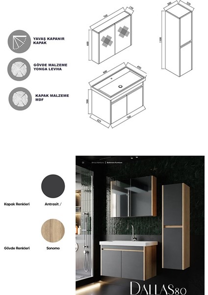 Dallas 80 cm Lavabolu Aynalı Banyo Dolabı Lavabo Dahil Boy Dolabı Dahil S.meşe-Antrasit