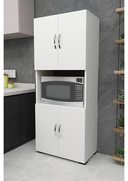 4 Kapaklı Orta Bölmeli 4 Kapılı Çok Amaçlı Beyaz Mikrodalga Mini Fırın Mutfak Dolabı