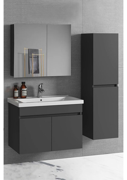 Antasit 65 cm + 35 cm Mdf Boy Dolaplı Seramik Lavabolu Ayna Dolaplı Banyo Dolabı Takımı