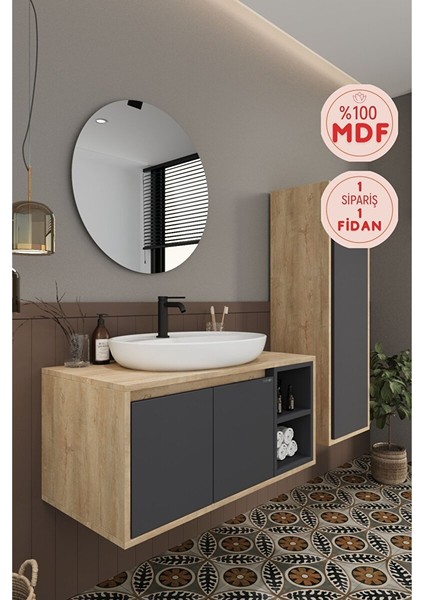 Gül 90 cm Banyo Dolabı Ayna Lavabo Boy Dolabı