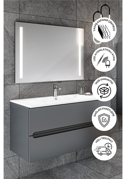 Banyo Kadife Antrasit Soft Mat Hıgh Gloss Demonte 80 cm Banyo Dolabı LED Işıklı Aynalı Üst Dolap