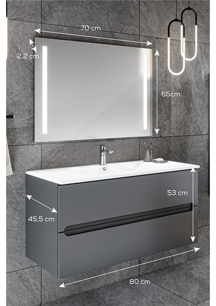 Banyo Kadife Antrasit Soft Mat Hıgh Gloss Demonte 80 cm Banyo Dolabı LED Işıklı Aynalı Üst Dolap fiyatları