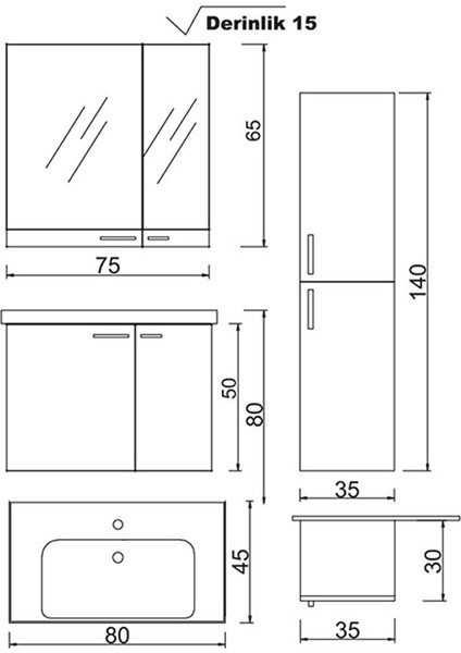 Denko Terra 80 cm Mdf Banyo Dolabı Takımı ve Boy Dolabı, Alize fiyatları
