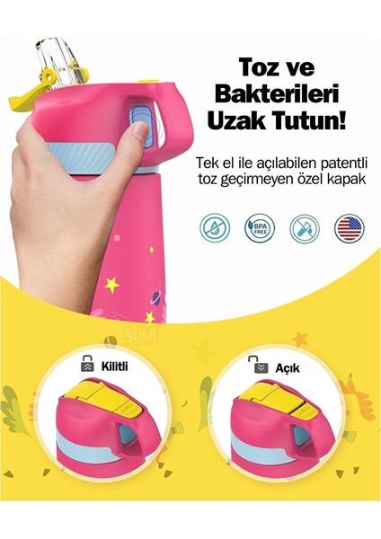 350ML Pipetli Desenli Kulplu 6 Saat Sıcak 12 Saat Soğuk Çelik Termos Matarası Sarı Dinozor fırsatları