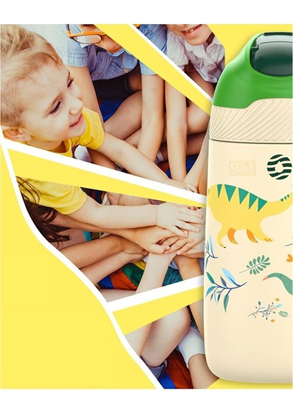 350ML Pipetli Desenli Kulplu 6 Saat Sıcak 12 Saat Soğuk Çelik Termos Matarası Sarı Dinozor