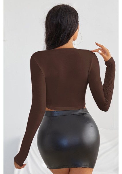 Özel Kadın Kahverengi Uzun Kol Kare Yaka Crop Top Bluz Fırsat!!!