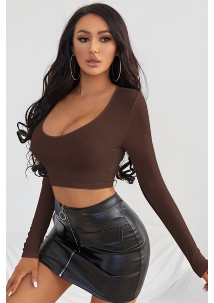 Özel Kadın Kahverengi Uzun Kol Kare Yaka Crop Top Bluz Fırsat!!!