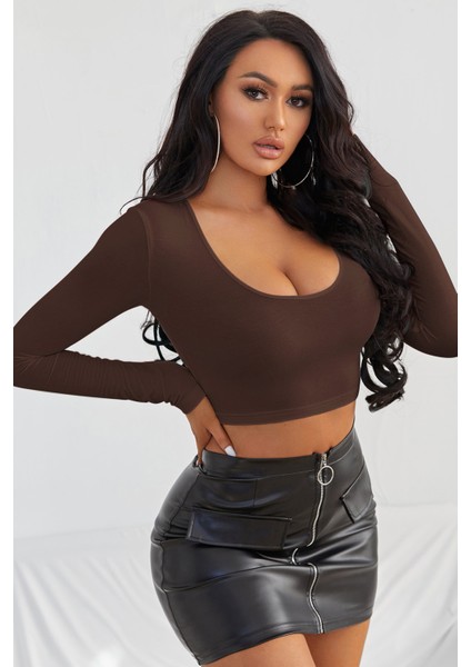 Özel Kadın Kahverengi Uzun Kol Kare Yaka Crop Top Bluz Fırsat!!!