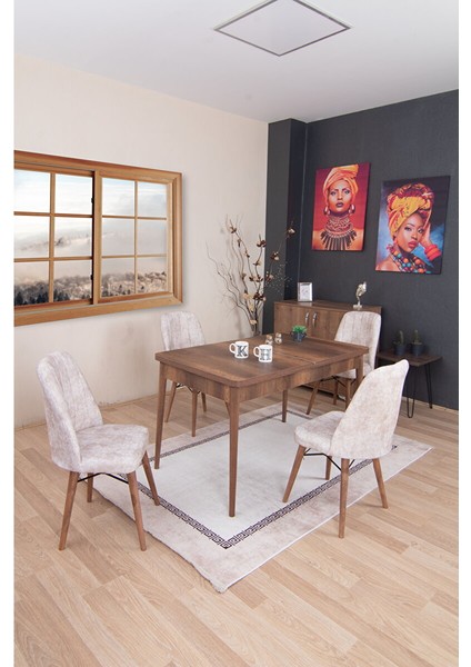 KFH-1917 Barok Renk Dikdörtgen Açılabilir Yemek ve Mutfak Masa 80X170 Takımı 4 Sandalyeli Krem