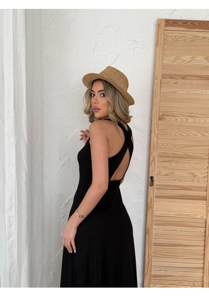 Kadın Arkadan Çapraz Detay Yuvarlak Yaka Maksi Viskon Elbise indirimleri