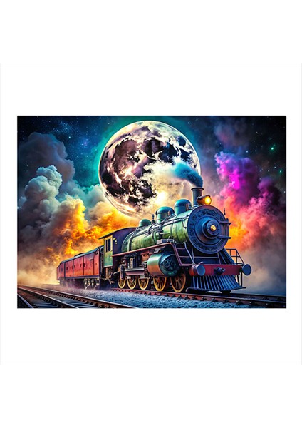 Dolunay ve Buharlı Tren Lokomotif Modern Mdf Tablo 35CM X50CM 35X50 cm