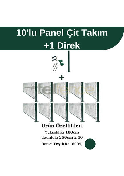 100X250 cm 10'lu Panel Çit Takım Çift Telli + 1 Direk Avantaj Paketi 25 Metre Yeşil