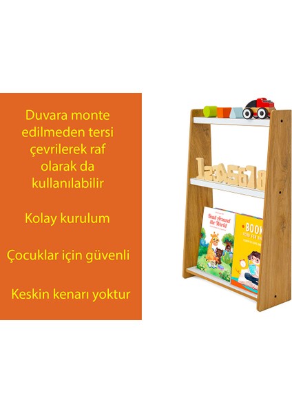 Çok Amaçlı Duvar Montessori Kitaplık Ünitesi / 3 Raflı / Naturel