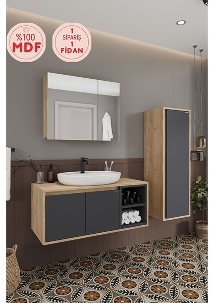Lale 100 cm %100 Mdf Lavabolu Banyo Dolabı + Aynalı Dolap + Boy Dolabı