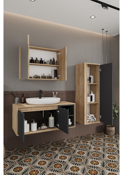 Lale 100 cm %100 Mdf Lavabolu Banyo Dolabı + Aynalı Dolap + Boy Dolabı modelleri