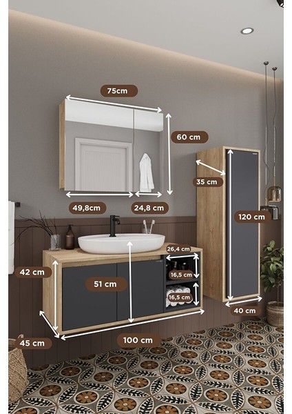 Lale 100 cm %100 Mdf Lavabolu Banyo Dolabı + Aynalı Dolap + Boy Dolabı fırsatları