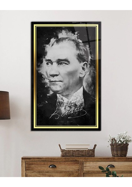 Gold Şerit Siyah Beyaz Atatürk Cam Tablo, Uv Baskılı ve Temperli, Hediyelik 130X80 cm
