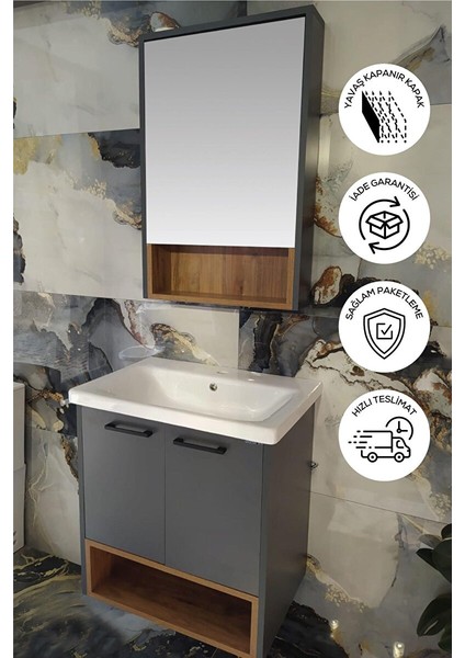 Banyo Karanfil Demonte 65 cm Antrasit Lavabolu Banyo Dolabı Aynalı Üst Dolap ve Boy Dolabı fiyatları