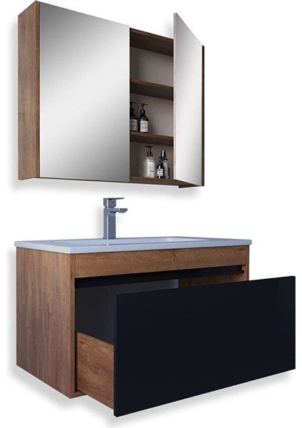 Mersin 65 cm Mdf Banyo Dolabı Seti Kafkas Meşe - Siyah