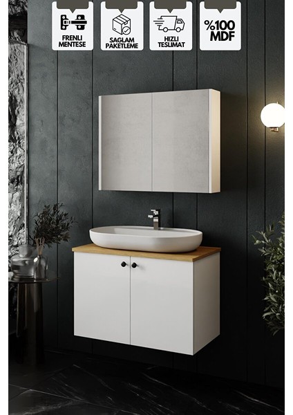 Mimoza 80CM Tezgahlı, Aynalı Banyo Dolabı Seti, Seramik Lavabo Dahil, Beyaz, Mdf