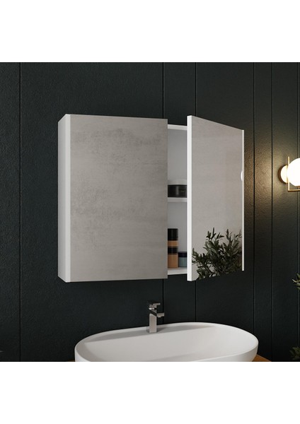 Mimoza 80CM Tezgahlı, Aynalı Banyo Dolabı Seti, Seramik Lavabo Dahil, Beyaz, Mdf