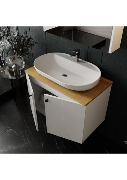 Mimoza 80CM Tezgahlı, Aynalı Banyo Dolabı Seti, Seramik Lavabo Dahil, Beyaz, Mdf