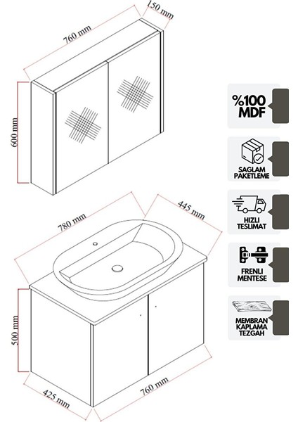 Mimoza 80CM Tezgahlı, Aynalı Banyo Dolabı Seti, Seramik Lavabo Dahil, Beyaz, Mdf