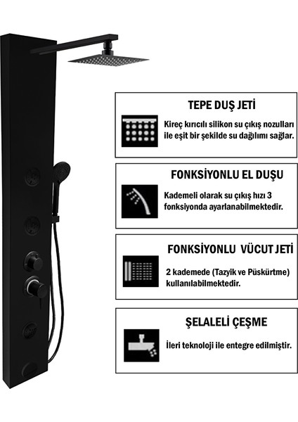 Yeni Mafsallı Tepe Duş Sistemli Venüs Siyah Premium Masajlı Duş Paneli , Duş Seti , Duş Kolonu fiyatları