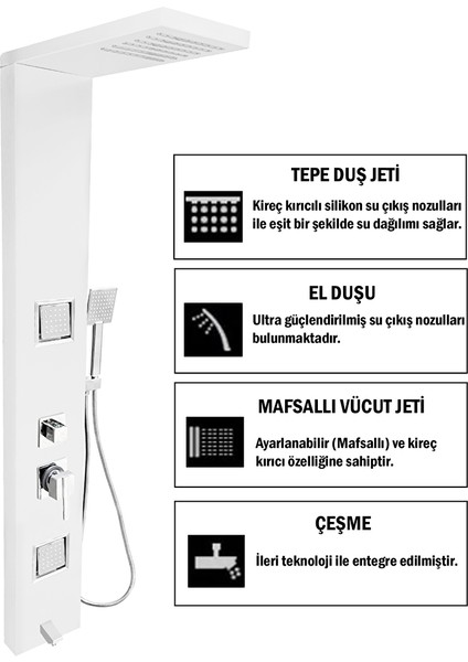 Atlas Beyaz Masajlı Duş Paneli - Dikey Jakuzi - Robot Duş - El Duşu - Lüx Duş fiyatları