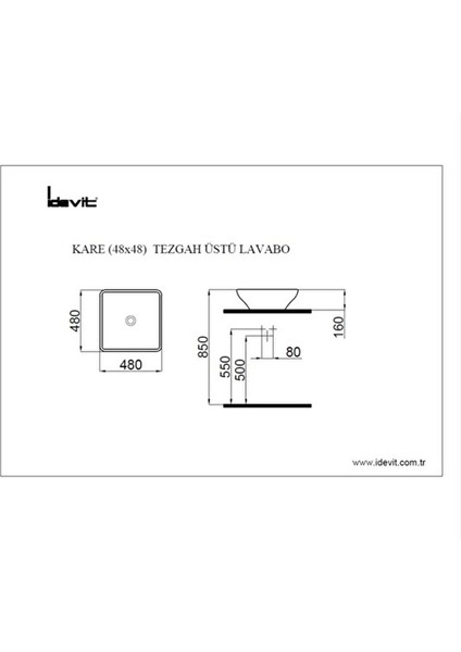 Kare Tezgah Üstü Lavabo 48 cm fiyatları