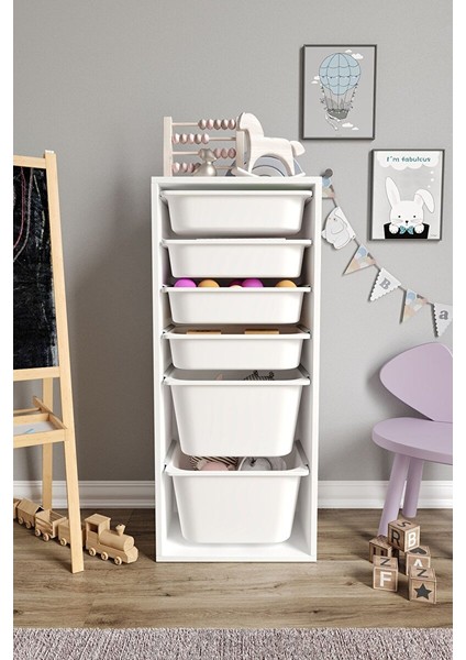 %100 Mdf - Large Mono 6 Sepetli Oyuncak Dolabı (LARGEMONO6SEPET-2B-4O-BEYAZ)