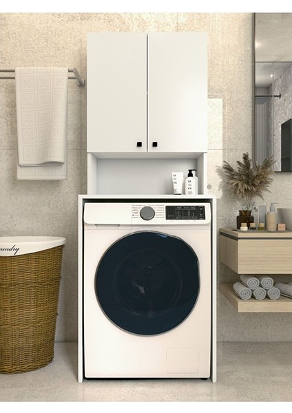 Çamaşır Makinesi Üstü Düzenleyici Parlak Beyaz Modern Banyo Dolabı