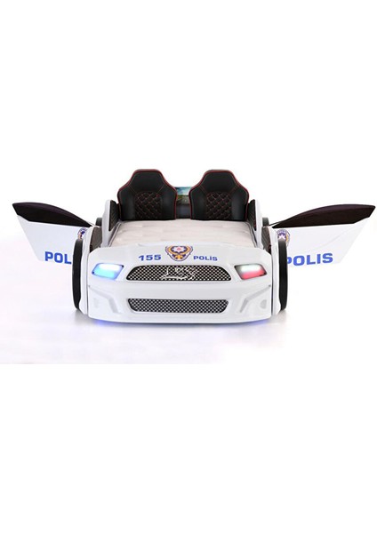 Türk Polis Arabalı Yatak Kapıları Açılan Mustang Full Ledli Kumandalı ve Müzikli + Ortopedik Yatak modelleri