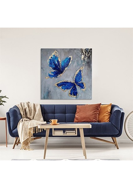 Mavi Kelebekler - Yağlı Boya Dokulu Tablo Çerçeve - Gold 80X80 cm