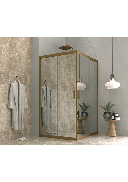 Iskit Duşakabin 90 x 100 Dikdörtgen Aynalı Reflekte Cam Köşe Girişli Kabin Bronz Profil 6mm 90X100 cm