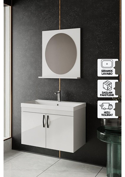 Ege 80 cm Lavabolu,aynalı Banyo Dolabı Seti, Seramik Lavabo Dahil, Beyaz