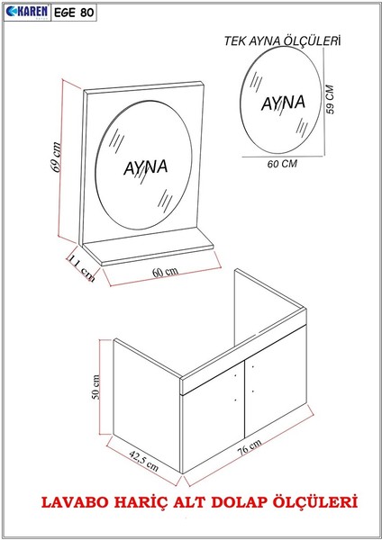 Ege 80 cm Lavabolu,aynalı Banyo Dolabı Seti, Seramik Lavabo Dahil, Beyaz indirimleri