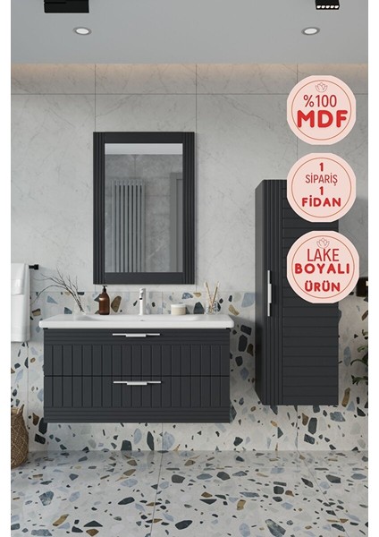 Erguvan Ant Demonte 100 cm Banyo Dolabı Ayna Lavabo Boy Dolabı