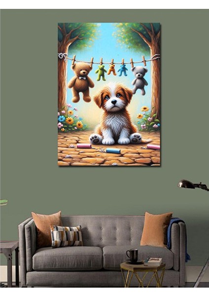 Kanvas Tablo Yavru Köpek ve Peluş Ayılar 70X100 cm modelleri