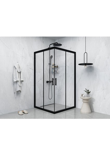 Iskit Duşakabin 90 x 90 Şeffaf Cam Kareköşe Girişli Kabin Siyah Profil 6mm 90X90 cm