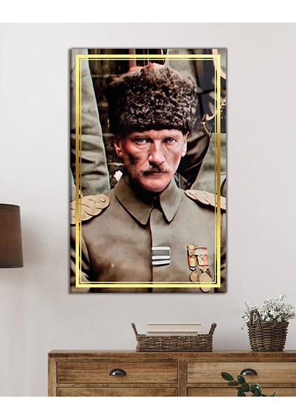 Gold Şerit Üniformalı Atatürk Cam Tablo, Uv Baskılı ve Temperli, Hediyelik 95X150 cm