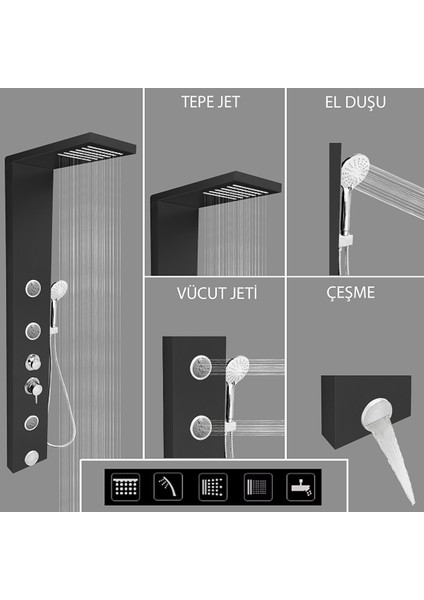 Venüs Antrasit Gri Masajlı Duş Paneli - Dikey Jakuzi - Robot Duş - El Duşu - Lüx Duş modelleri