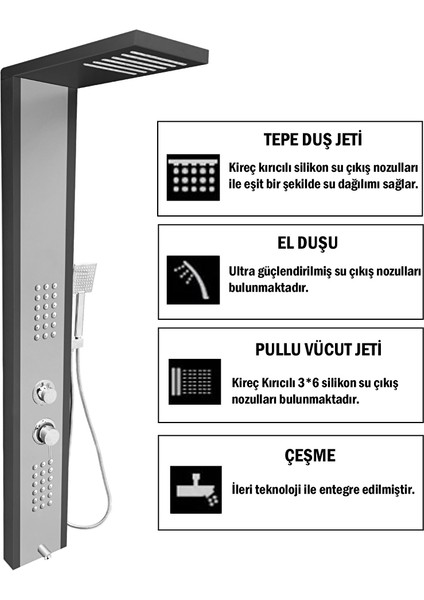 Çift Renk Antrasit Gri-Silver Gri Masajlı Duş Paneli - Dikey Jakuzi - Robot Duş - El Duşu - Lüx fiyatları